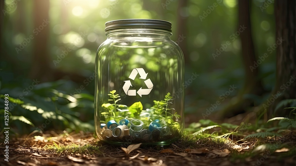 A glass jar with the recycling symbol on it A glass jar with the recycling symbol on it
