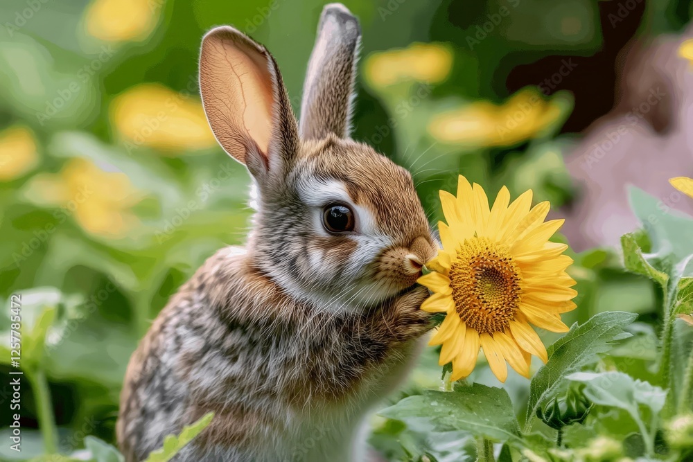 Cute rabbit enjoys sunflower in a vibrant garden during a sunny afternoon Cute rabbit enjoys sunflower in a vibrant garden during a sunny afternoon