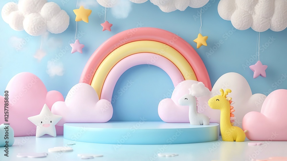 Whimsical Children's Playroom with Rainbow, Clouds, and Cute Animal Plush Toys Whimsical Children's Playroom with Rainbow, Clouds, and Cute Animal Plush Toys