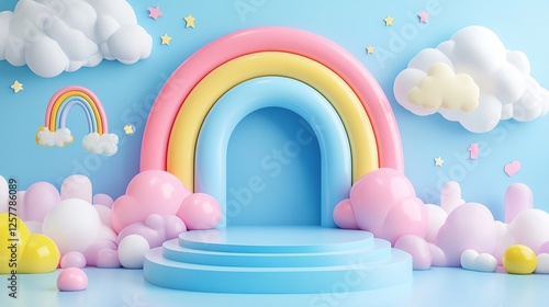 Whimsical Rainbow Scene with Stars and Clouds