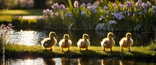 A cute group of ducklings waddling along the edge of a pond bringing smiles as they explore their environment amidst blooming surroundings photo