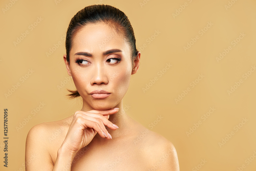 Thoughtful confused woman thinking and looking aside on copy space Thoughtful confused woman thinking and looking aside on copy space