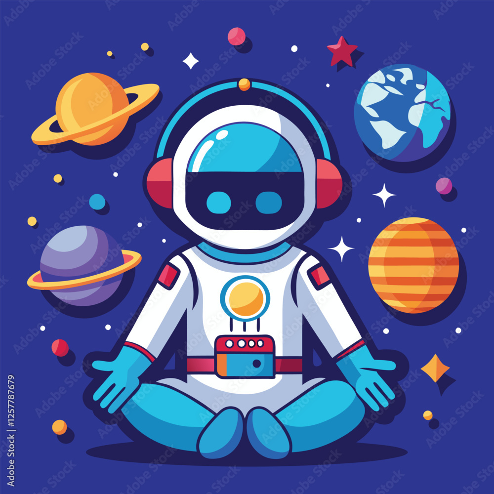 Meditating astronaut robot in space with planets Meditating astronaut robot in space with planets
