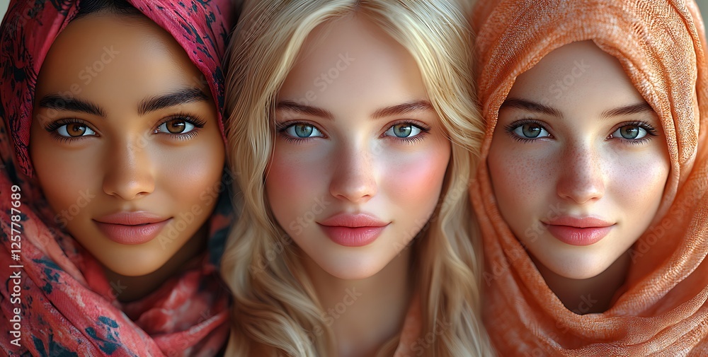 Three Women in Colorful Scarves Showcasing Diverse Cultural Attire Three Women in Colorful Scarves Showcasing Diverse Cultural Attire