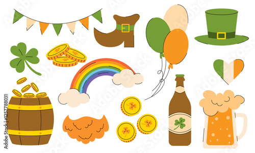 Set of elements for St. Patrick's Day with Leprechaun, rainbow, beer, gold coins, balloons, garland. Vector illustration