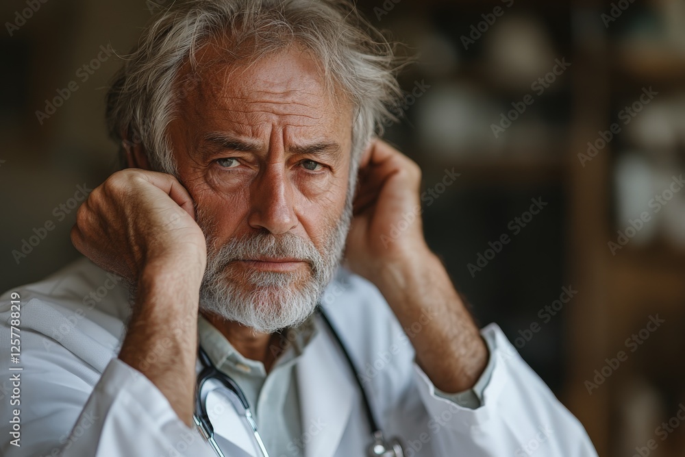 Senior doctor feeling stressed while covering ears in a cluttered medical office during a busy day Senior doctor feeling stressed while covering ears in a cluttered medical office during a busy day