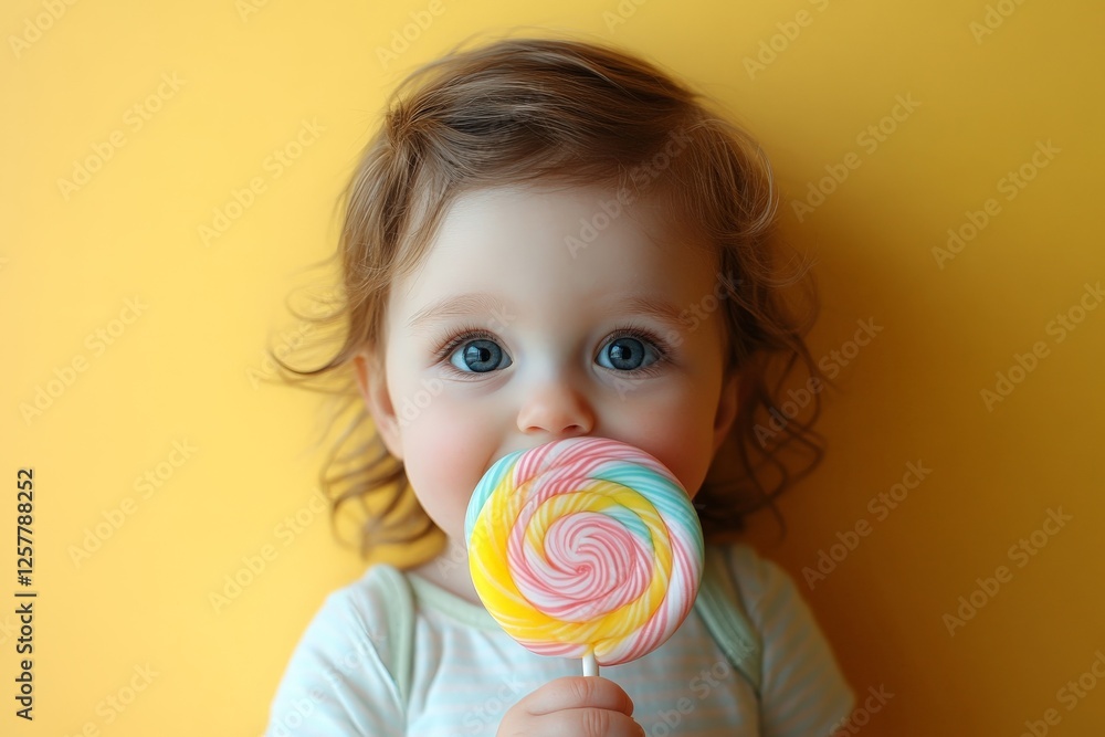 Young child enjoys colorful lollipop against vibrant yellow background while displaying a joyful expression Young child enjoys colorful lollipop against vibrant yellow background while displaying a joyful expression