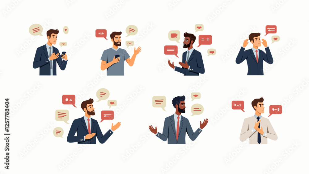 Male characters in various positions demonstrate different communication styles in the business world. Vector illustration of giving presentations, talking on the phone and professional interactions. Male characters in various positions demonstrate different communication styles in the business world. Vector illustration of giving presentations, talking on the phone and professional interactions.