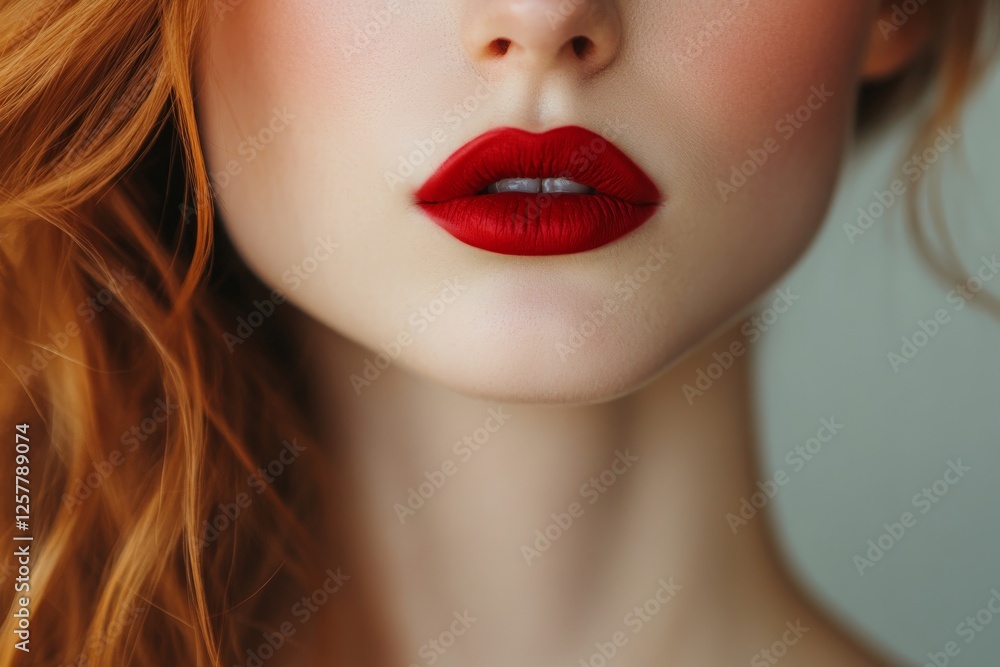 Stunning close-up of a model's lips adorned with bold red lipstick and wavy red hair highlighting beauty and elegance in natural light Stunning close-up of a model's lips adorned with bold red lipstick and wavy red hair highlighting beauty and elegance in natural light