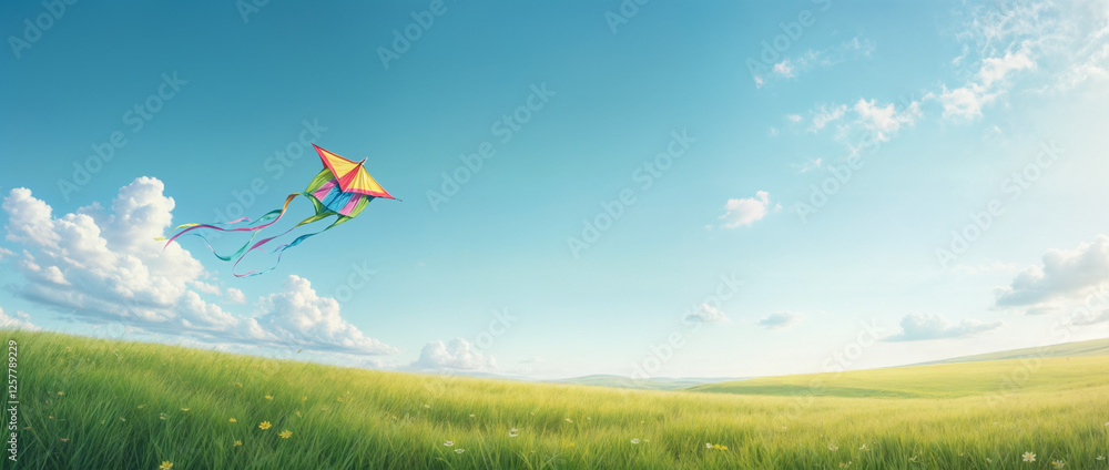 Colorful Rainbow Kite Dancing Above Rolling Green Meadow Under Summer Blue Sky Colorful Rainbow Kite Dancing Above Rolling Green Meadow Under Summer Blue Sky