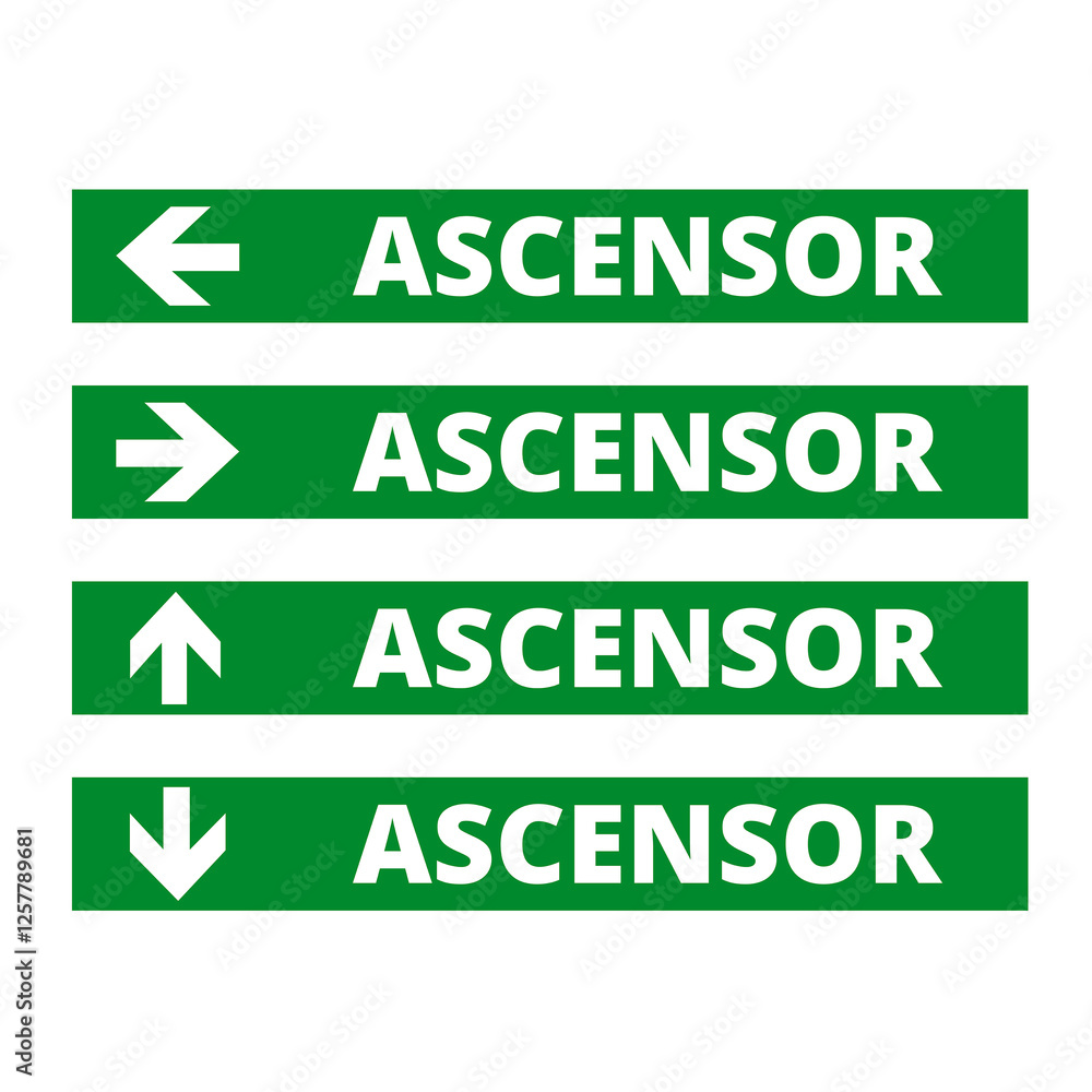 Green ascensor signs with directional arrows on a white background (trad. elevator) Green ascensor signs with directional arrows on a white background (trad. elevator)