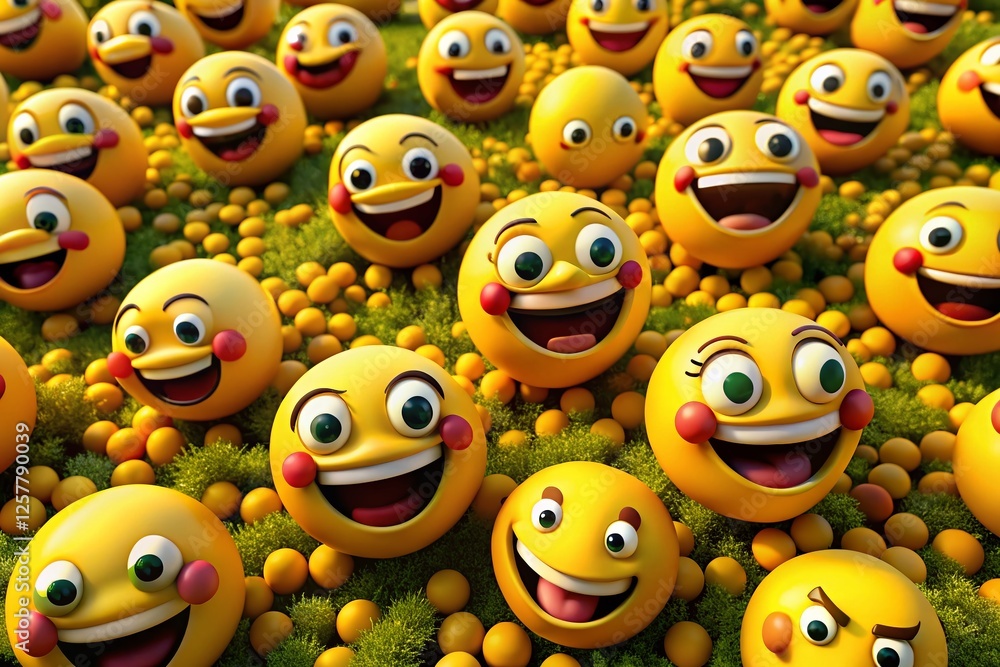 Aerial View of Hundreds of Smiling Yellow Emojis in Diverse Expressions Aerial View of Hundreds of Smiling Yellow Emojis in Diverse Expressions