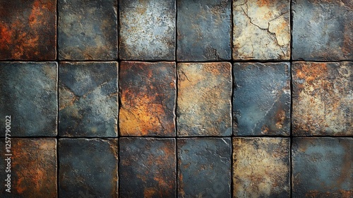 Rustic stone tiles textured background subtly lit showing rich earthy tones. AI Generated © heinng