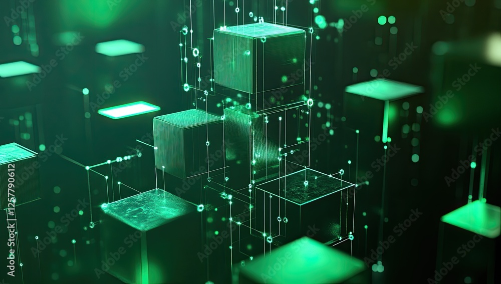 Obraz premium Abstract green cubes interconnected by lines, digital network background