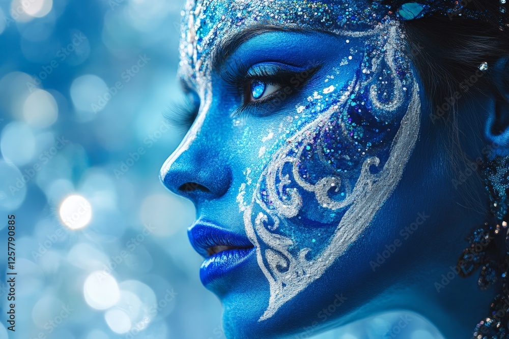 Woman with stunning blue face paint and intricate designs at a vibrant celebration during summer Woman with stunning blue face paint and intricate designs at a vibrant celebration during summer