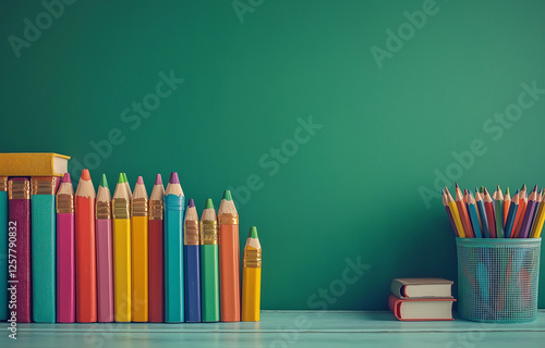 A green chalkboard background with books and school supplies on the table, suitable for educational or learning themes. The composition includes an open book and colored pencils in front of it. photo