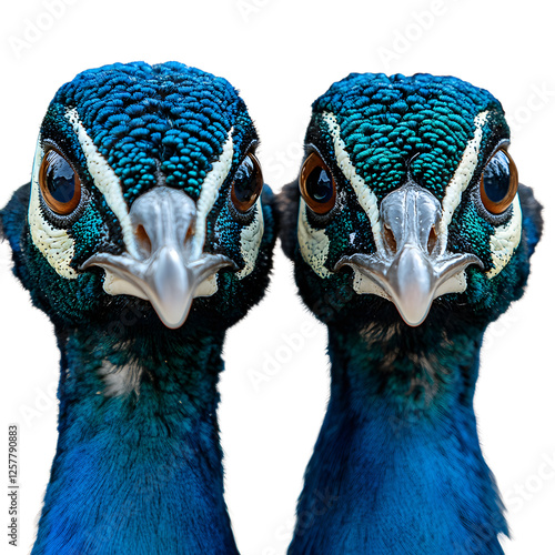 A pair of beautiful peacocks on a white background.