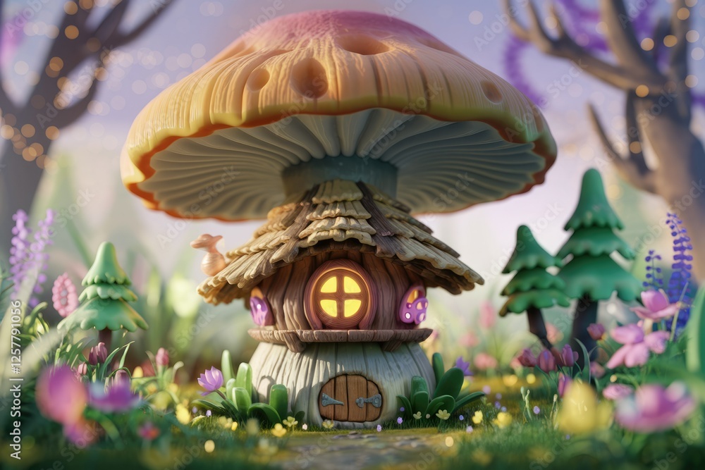 Fototapeta premium A whimsical mushroom house nestled in a vibrant fantasy forest, glowing warmly.