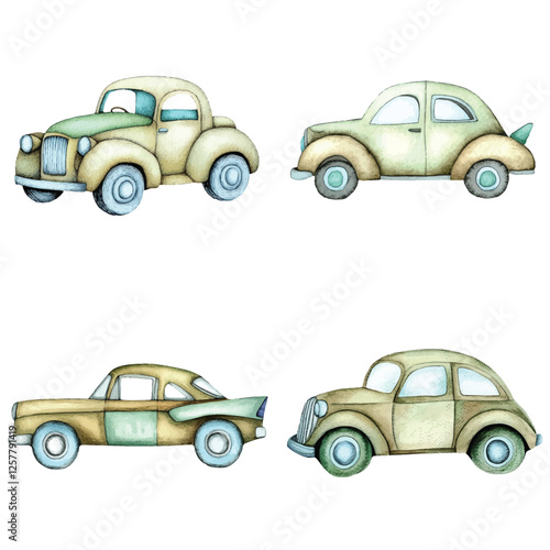 Bright blue car watercolor hand drawn set collection for kids