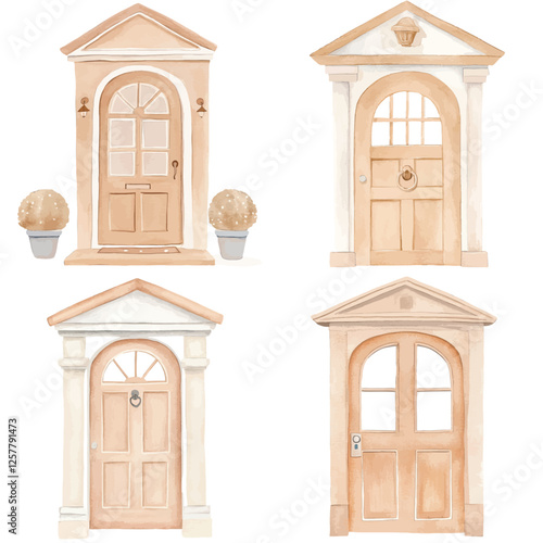 Bright blue door watercolor hand drawn set collection