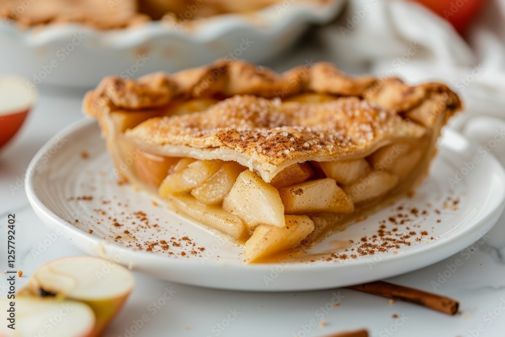 Slice of fresh apple pie on ceramic plate with cinnamon. Artificial intelligence image Slice of fresh apple pie on ceramic plate with cinnamon. Artificial intelligence image