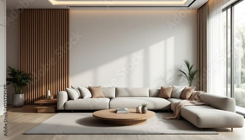 Wallpaper Mural Modern sectional sofa in minimalist living room, sunlit, wooden wall Torontodigital.ca