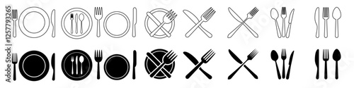 Plate, spoon and fork vector icon set. restaurant illustration sign collection. onboard food menu symbol.