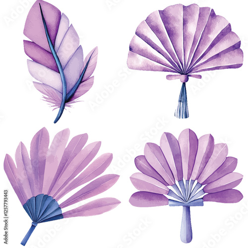 Pink feather fan watercolor hand drawn set collection