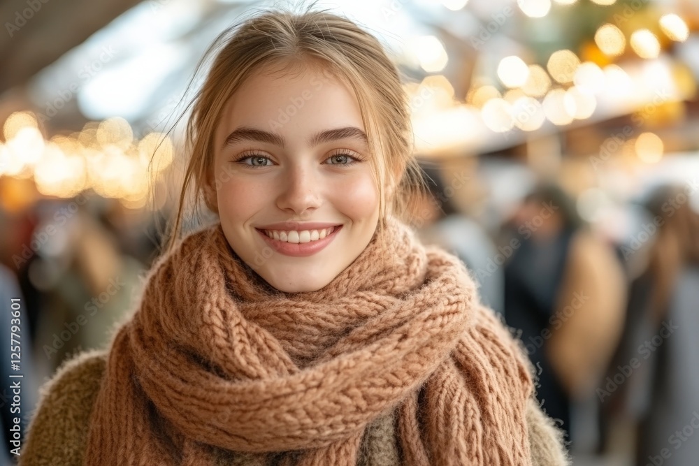 Smiling young woman wearing a cozy scarf at a lively winter market during the evening Smiling young woman wearing a cozy scarf at a lively winter market during the evening