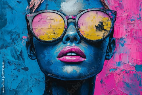 Vibrant mural of a woman with colorful sunglasses in an urban setting showcasing artistic expression and creativity