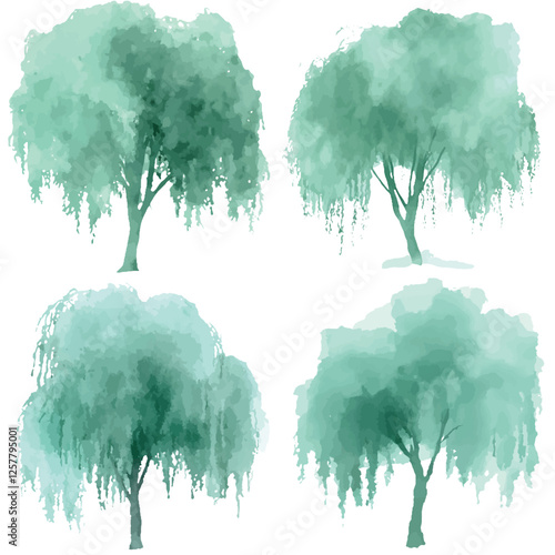 Willow tree watercolor set hand drawn