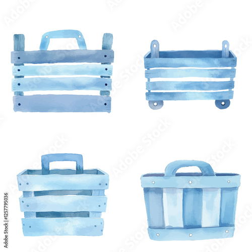 Wooden crate watercolor hand drawn set