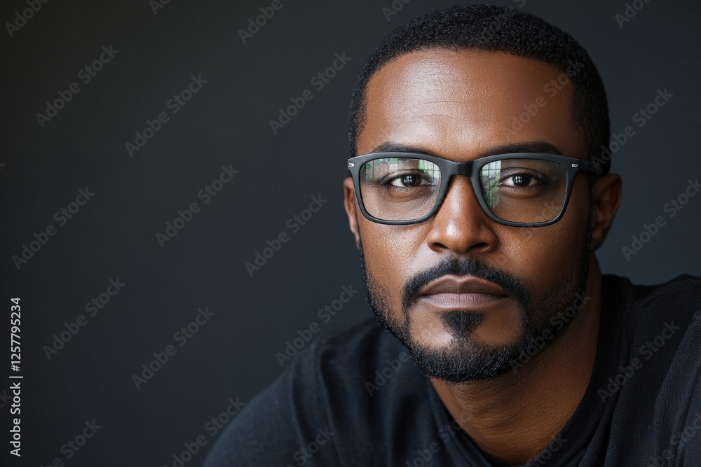Obraz premium Confident man with stylish glasses poses against a dark background in a casual setting