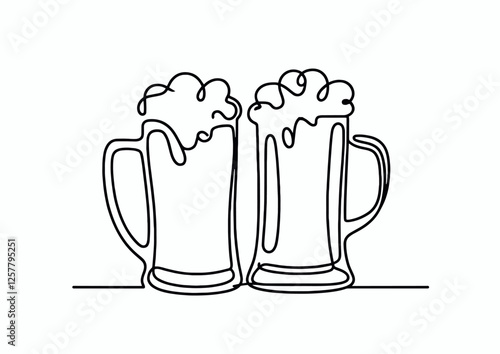 two mug of beer with foam   simple one line drawing  vector illustration