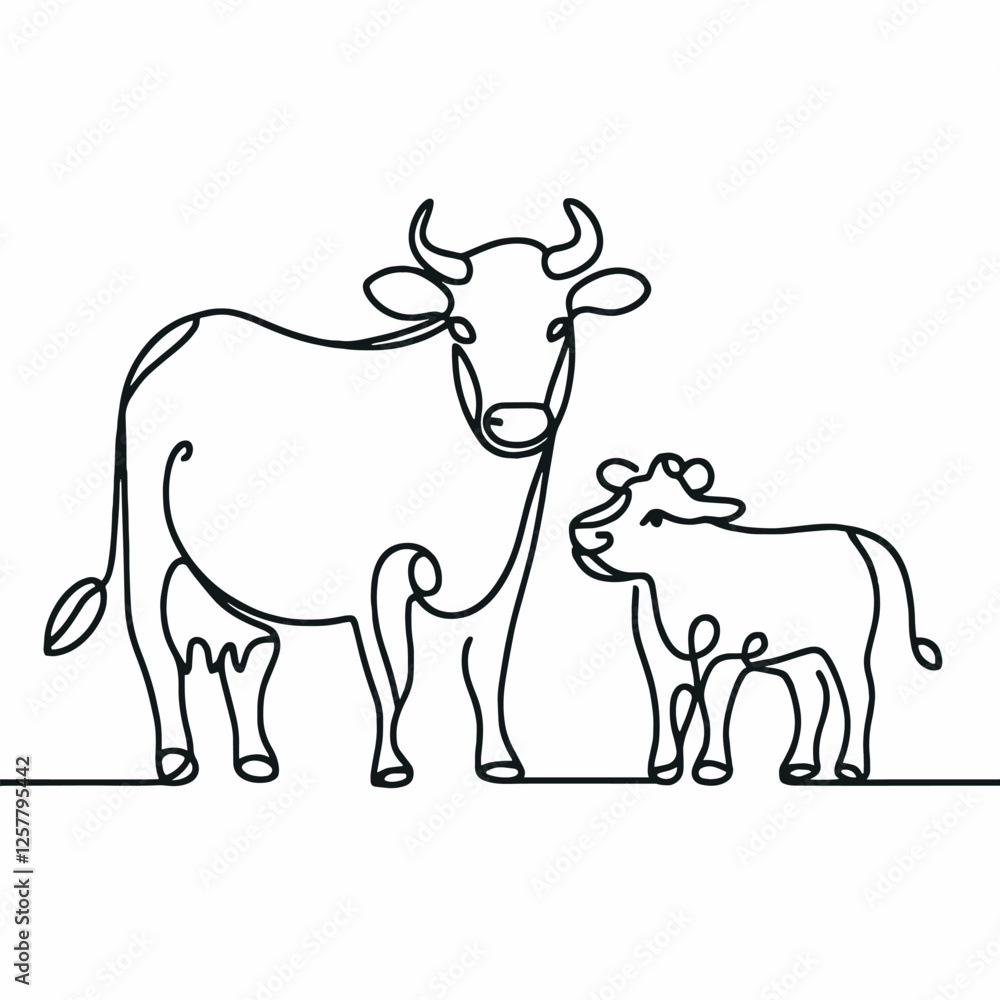 Fototapeta premium cow and calf simple one line drawing vector illustration