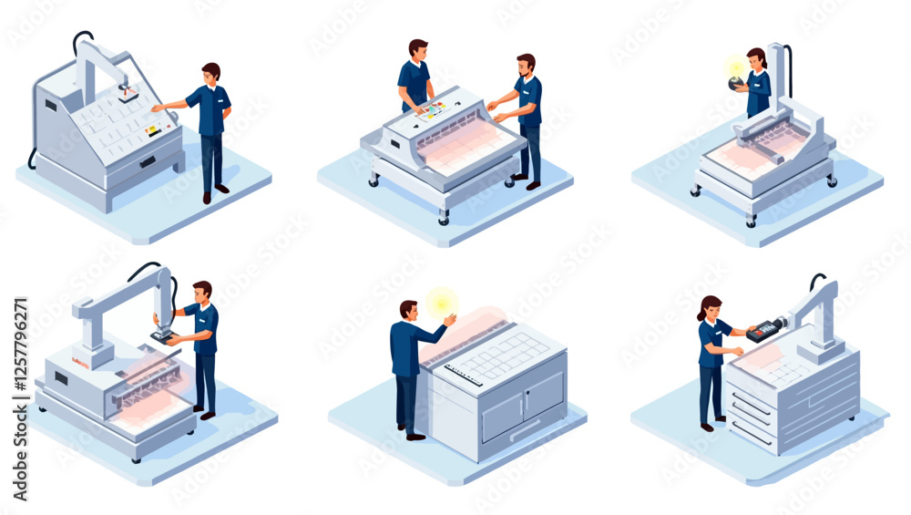 A set of industrial workers operating CNC machines and high-tech equipment in a manufacturing environment. Concept of automation, engineering, and industry. A set of industrial workers operating CNC machines and high-tech equipment in a manufacturing environment. Concept of automation, engineering, and industry.