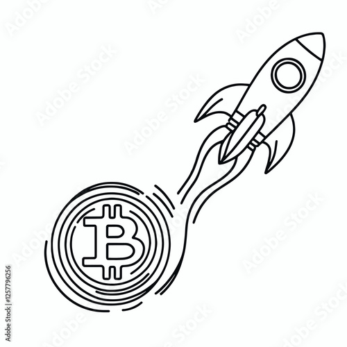 bitcoin  and rocket   simple one line drawing  vector illustration