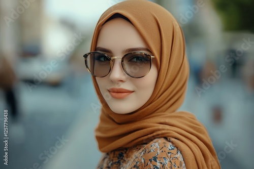 Young woman in stylish hijab and sunglasses poses confidently on busy city street during daytime photo