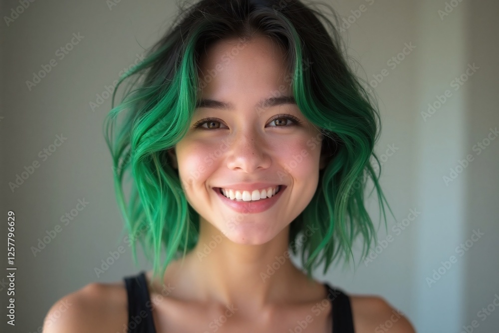 young woman with green wavy hair in black tank top young woman with green wavy hair in black tank top
