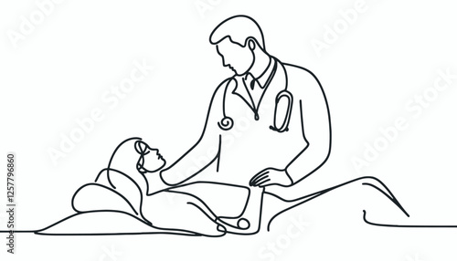 Vector doctor and patient simple one line drawing illustration