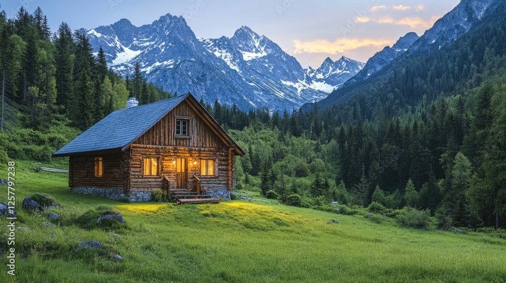 A cozy wooden cabin nestled in a lush green valley, surrounded by majestic mountains and twilight skies. A cozy wooden cabin nestled in a lush green valley, surrounded by majestic mountains and twilight skies.