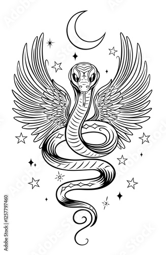 Ausmalbild Schlange mit Flügeln - Jahr der Schlange Design. Tattoo Outlines.