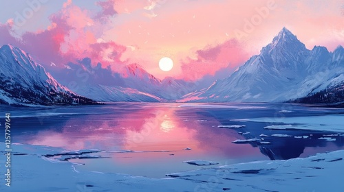 Sunrise over frozen lakes and snow-capped peaks