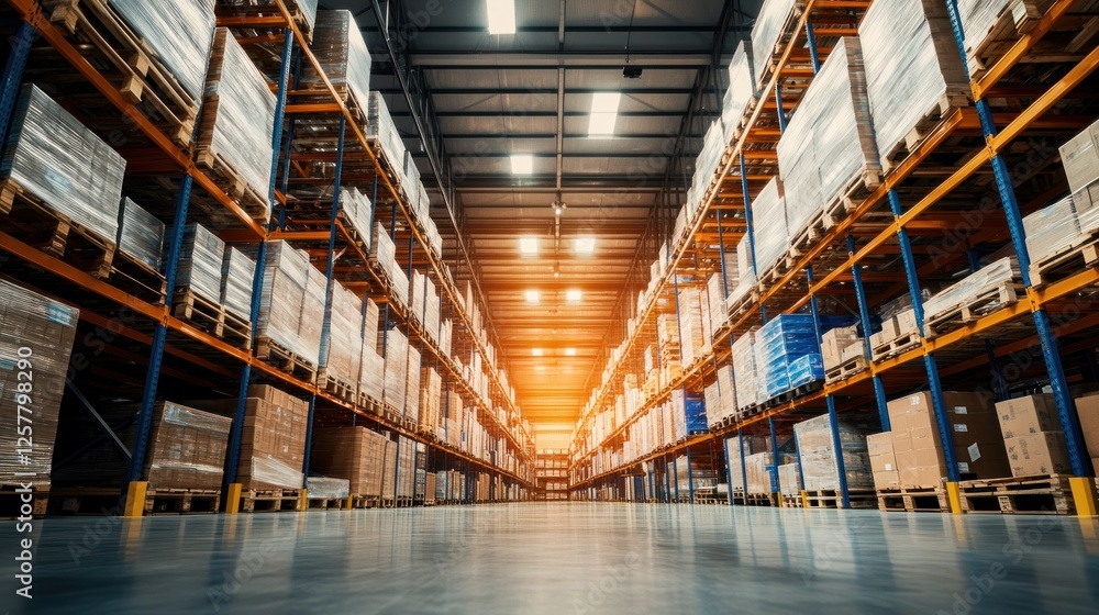 Large warehouse interior with high shelves full of cardboard boxes. Large warehouse interior with high shelves full of cardboard boxes.