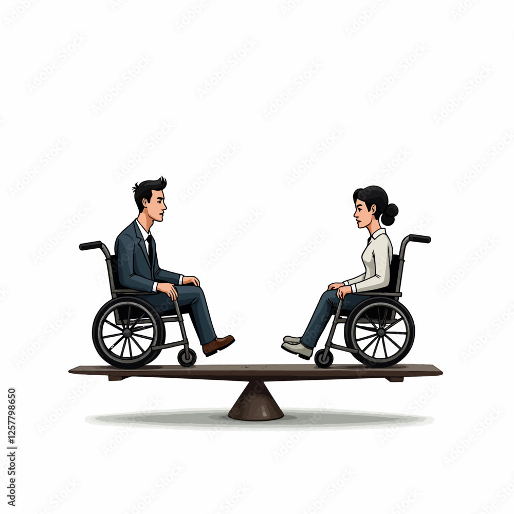 A man and woman in wheelchairs balancing on a seesaw, symbolizing fairness, opportunity, and inclusion for disabled individuals. A man and woman in wheelchairs balancing on a seesaw, symbolizing fairness, opportunity, and inclusion for disabled individuals.