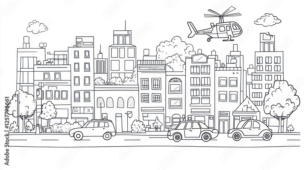 Naklejka premium Cityscape helicopter urban scene aerial view illustration