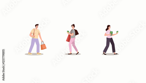 A set of individuals walking and carrying shopping bags in an urban environment. Concept of modern lifestyle, economy, and city life.