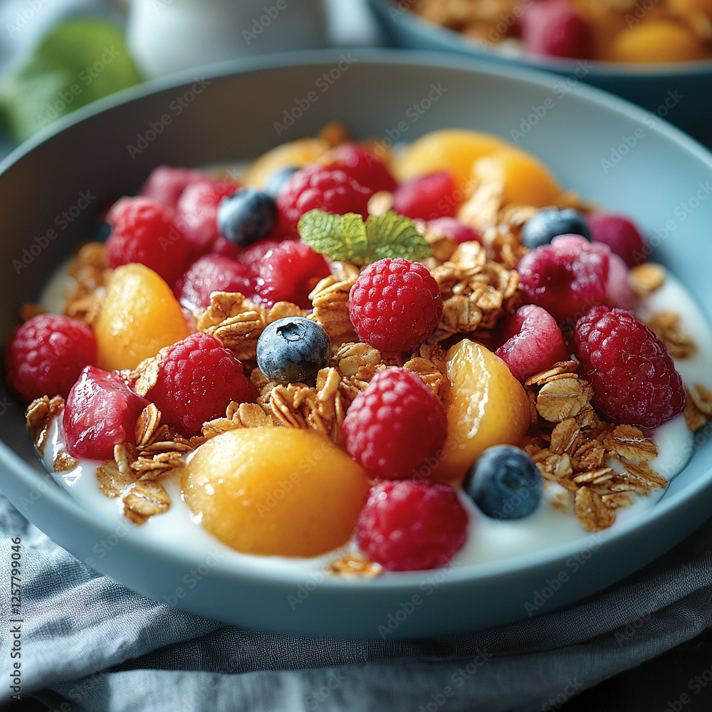 Yoghurt, berries and cereal. Yoghurt, berries and cereal.