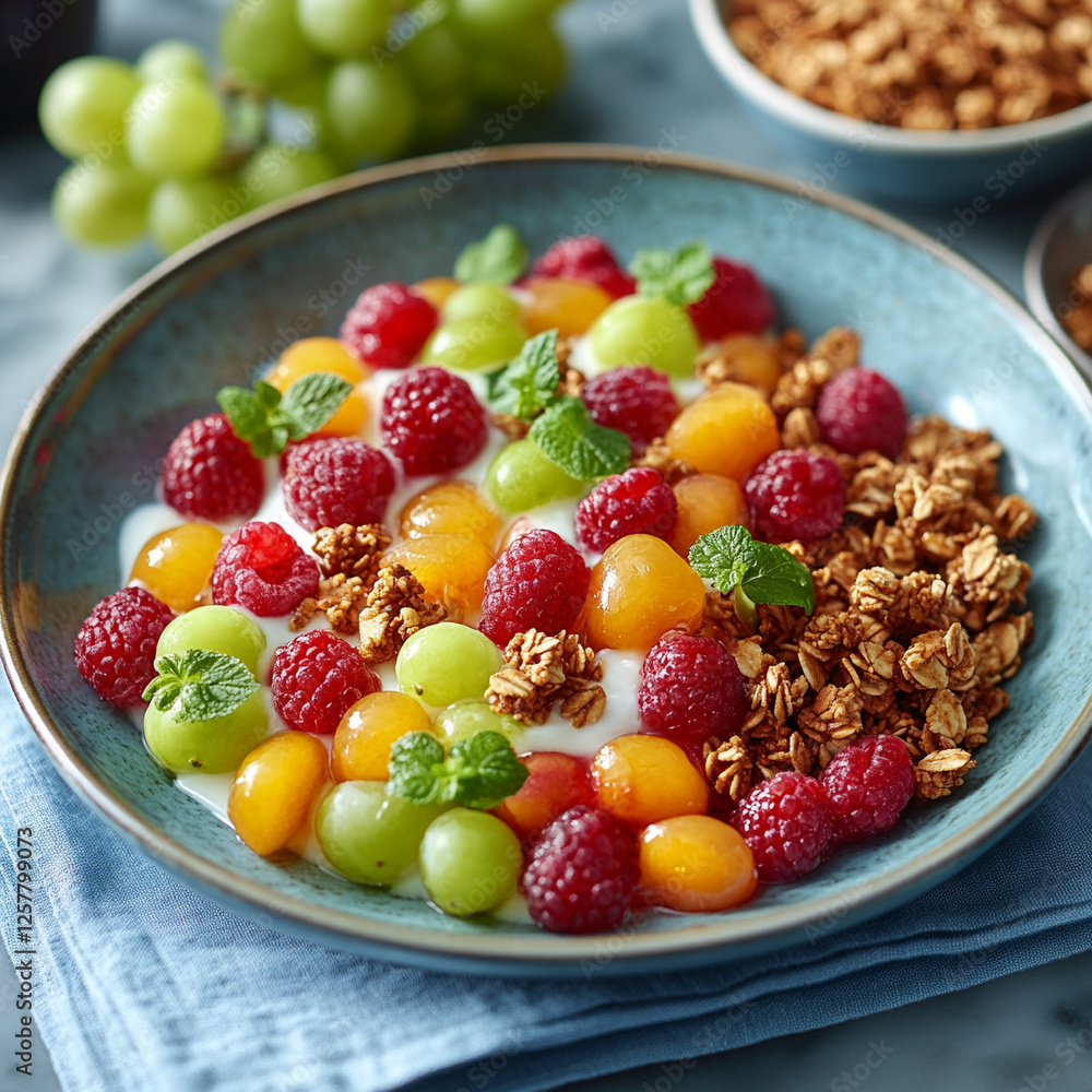 Yoghurt, berries and cereal. Yoghurt, berries and cereal.