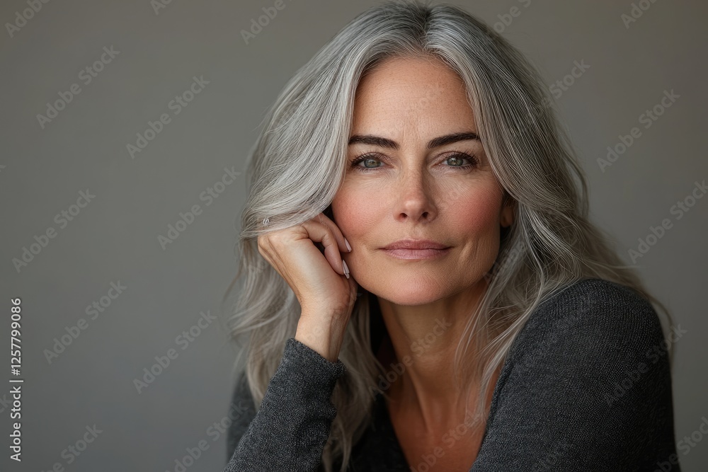 A close-up portrait of a confident woman with long gray hair, showcasing natural beauty and elegance, against a soft background. A close-up portrait of a confident woman with long gray hair, showcasing natural beauty and elegance, against a soft background.